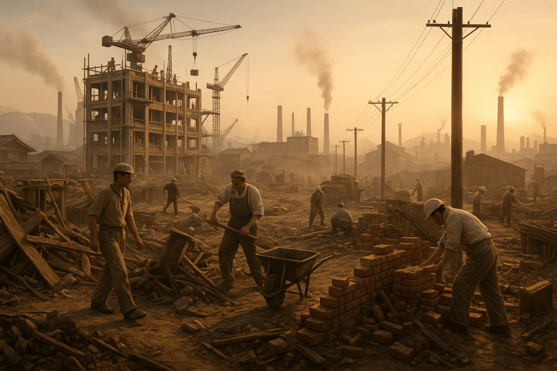 Reconstrução do Japão pós-guerra com trabalhadores em ação, simbolizando a essência da Filosofia Kaizen: progresso diário, resiliência coletiva e melhoria contínua rumo a um futuro mais forte.