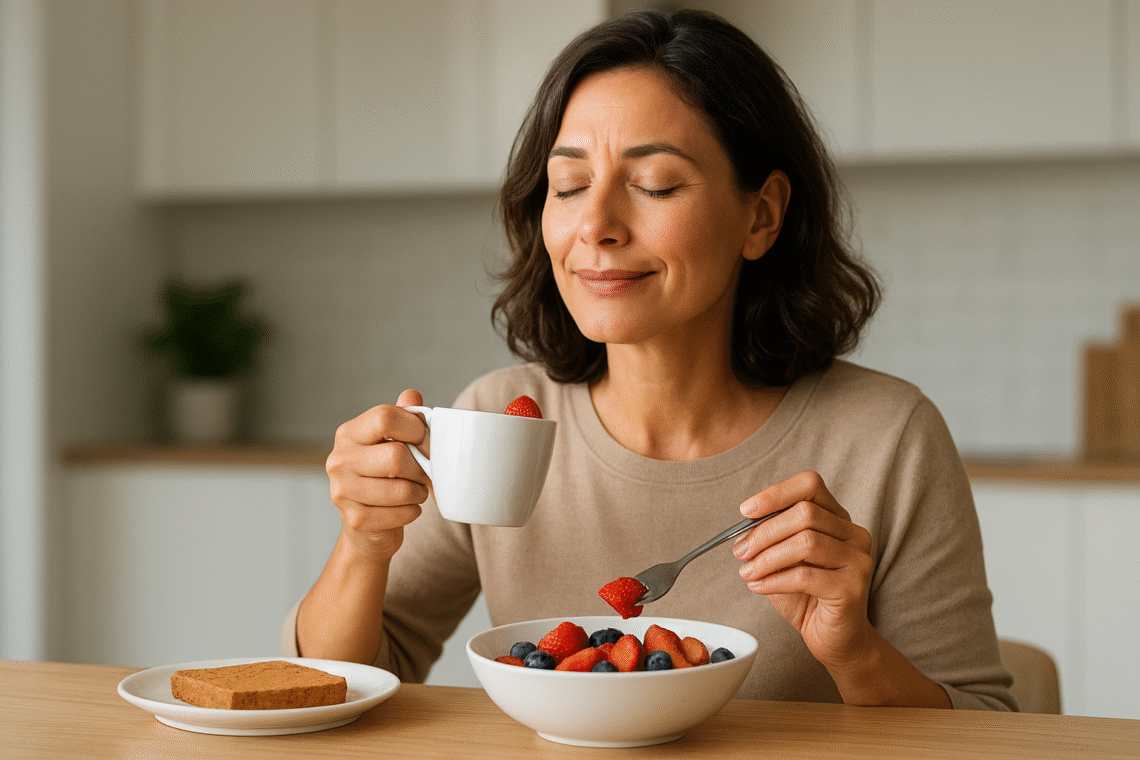 Mindful Eating é a prática de comer com atenção plena — percebendo sabores, texturas, aromas e sensações do corpo sem distrações. É sobre estar presente no momento da refeição, reconhecendo a fome real, apreciando cada mordida e respeitando os sinais de saciedade. Mais do que uma dieta, é uma forma de reconexão com o próprio corpo e com o ato de nutrir-se com consciência.